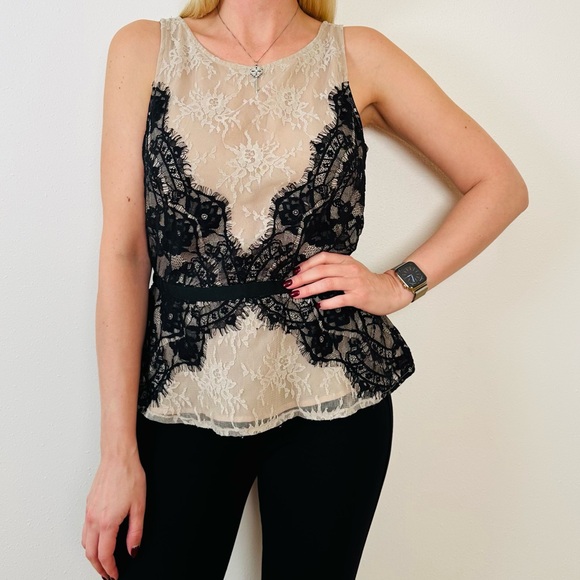 LOFT Tops - Ann Taylor LOFT Blouse Nude Eyelash Lace Ribbon Tie Peplum Tank Top